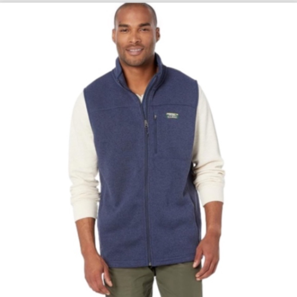 LL Bean Sweater Fleece Vest Navy Mens Sz M Logo Slightly Fitted Full Zip Up 302C
